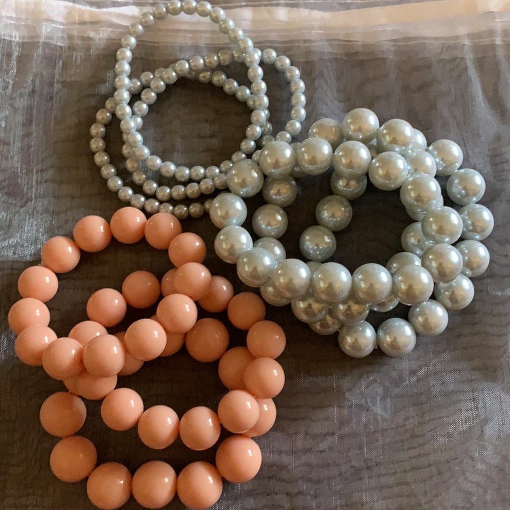 Gray blue& pink large and small beaded bracelets